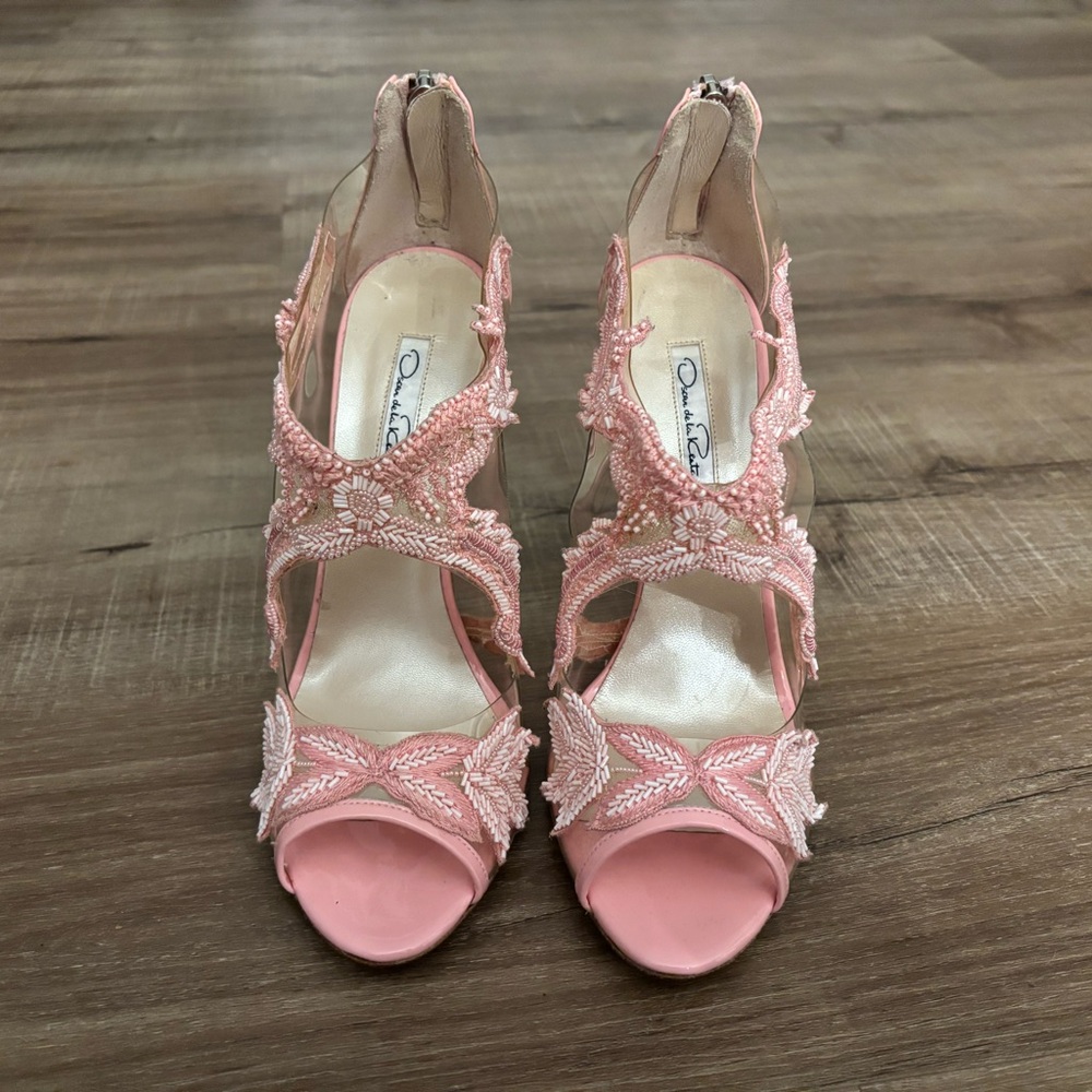 Oscar de la Renta Soft Pink PVC Patent Leather Amria Cut Out Sandals Sz 40 - Picture 3 of 15